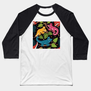 Colourful Crested Geckos with Jungle Leaves and Stars on Black Baseball T-Shirt